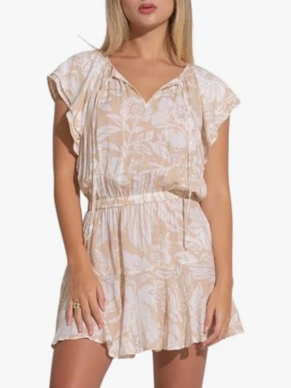 ELAN Women's XL Short Sleeve Elastic Waist Flowy Mini Dress Sand Maldives Print